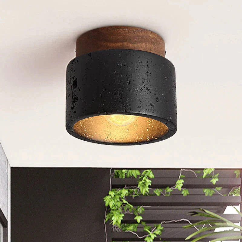 Luminaire Plafonnier finition en travertin noir et bois – Référence : Elowen4826- - Nexa Lights