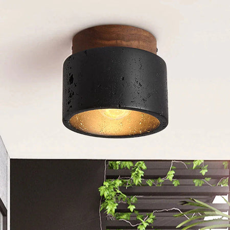Luminaire Plafonnier finition en travertin noir et bois – Référence : Elowen4826- - Nexa Lights
