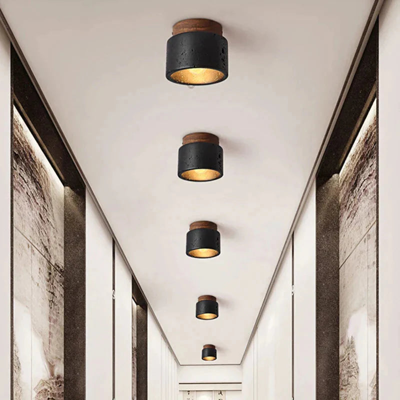 Luminaire Plafonnier finition en travertin noir et bois – Référence : Elowen4826- - Nexa Lights