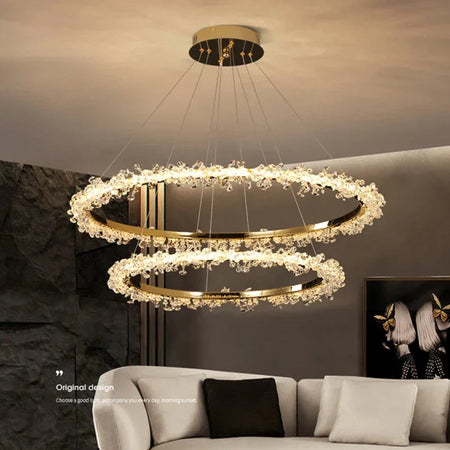 Suspendu Design : Multiples Anneaux Lumineux en Laiton et Cristal-Luminaire Suspendu - Nexa Lights