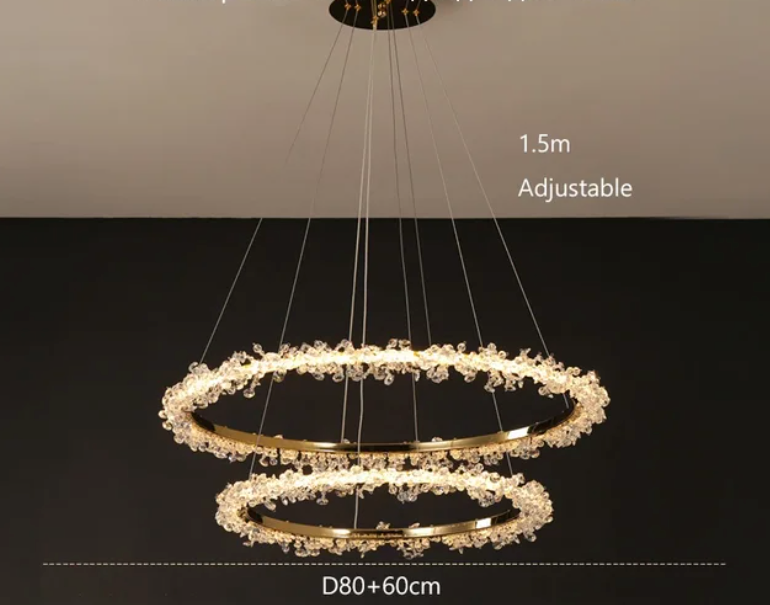 Suspendu Design : Multiples Anneaux Lumineux en Laiton et Cristal-ILLUMEEN.COM