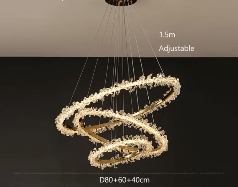 Suspendu Design : Multiples Anneaux Lumineux en Laiton et Cristal-ILLUMEEN.COM