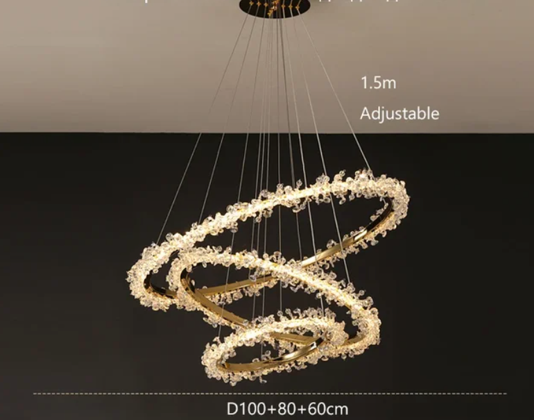 Suspendu Design : Multiples Anneaux Lumineux en Laiton et Cristal-ILLUMEEN.COM