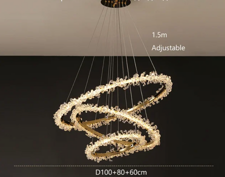 Suspendu Design : Multiples Anneaux Lumineux en Laiton et Cristal-ILLUMEEN.COM