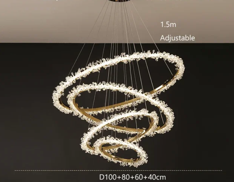 Suspendu Design : Multiples Anneaux Lumineux en Laiton et Cristal-ILLUMEEN.COM