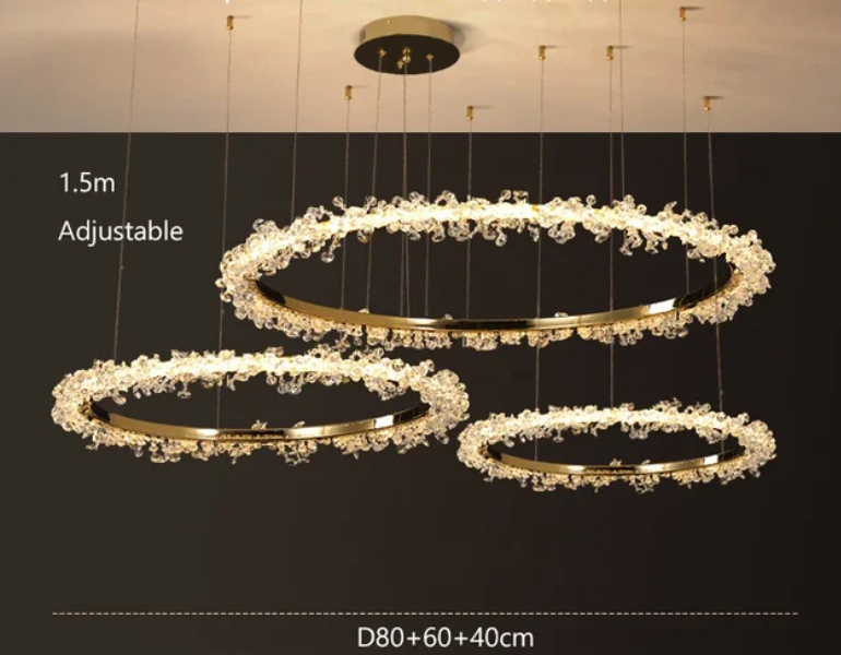 Suspendu Design : Multiples Anneaux Lumineux en Laiton et Cristal-ILLUMEEN.COM