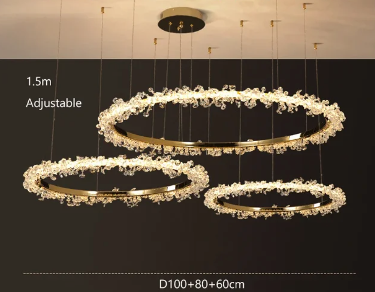 Suspendu Design : Multiples Anneaux Lumineux en Laiton et Cristal-ILLUMEEN.COM