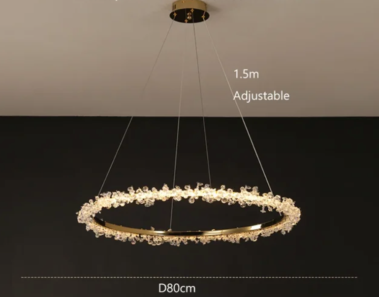 Suspendu Design : Multiples Anneaux Lumineux en Laiton et Cristal-ILLUMEEN.COM